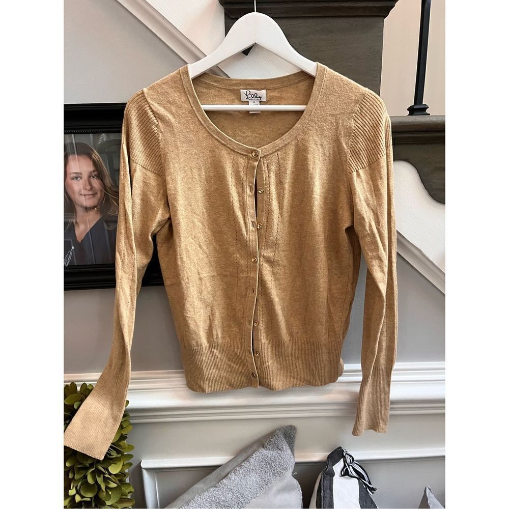Lilly Pulitzer Beige Cotton Cashmere Light Weight Cardigan Sweater sz M EUC